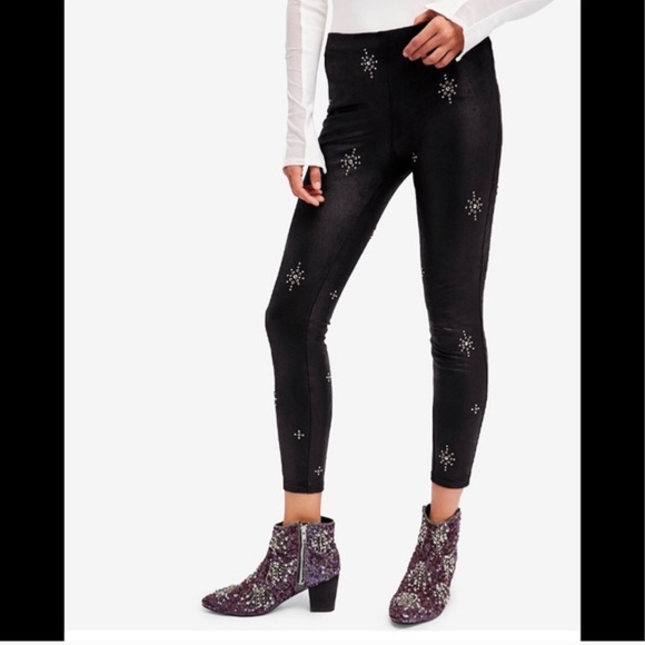FREE PEOPLE | STAR STUDDED EMBELLISHED BRUSHED BLACK SKINNY FESTIVAL LEGGINGS 27 - Picture 11 of 13